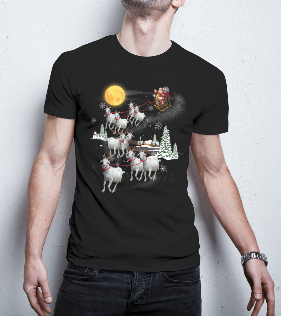 Funny Santa Riding Goat Sleigh Under Full Moon T-Shirt