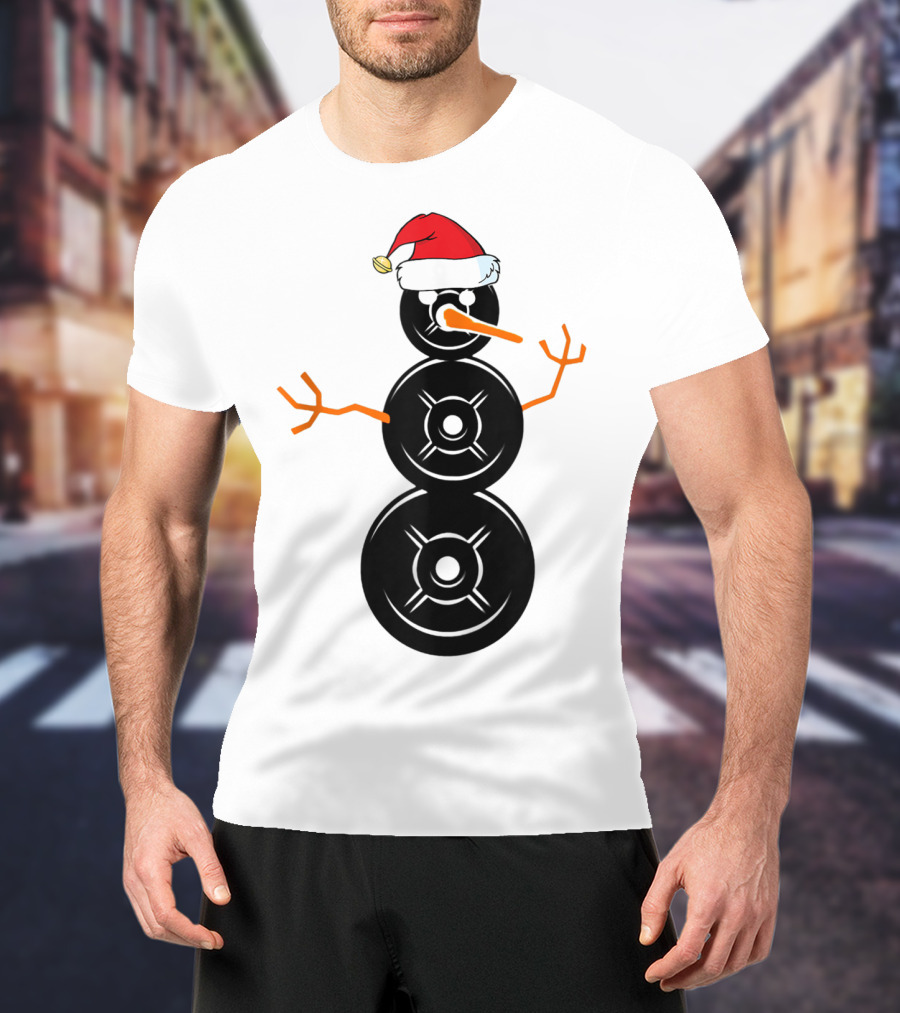 Funny Santa Hat Weightlifting Snowman Barbell T-Shirt