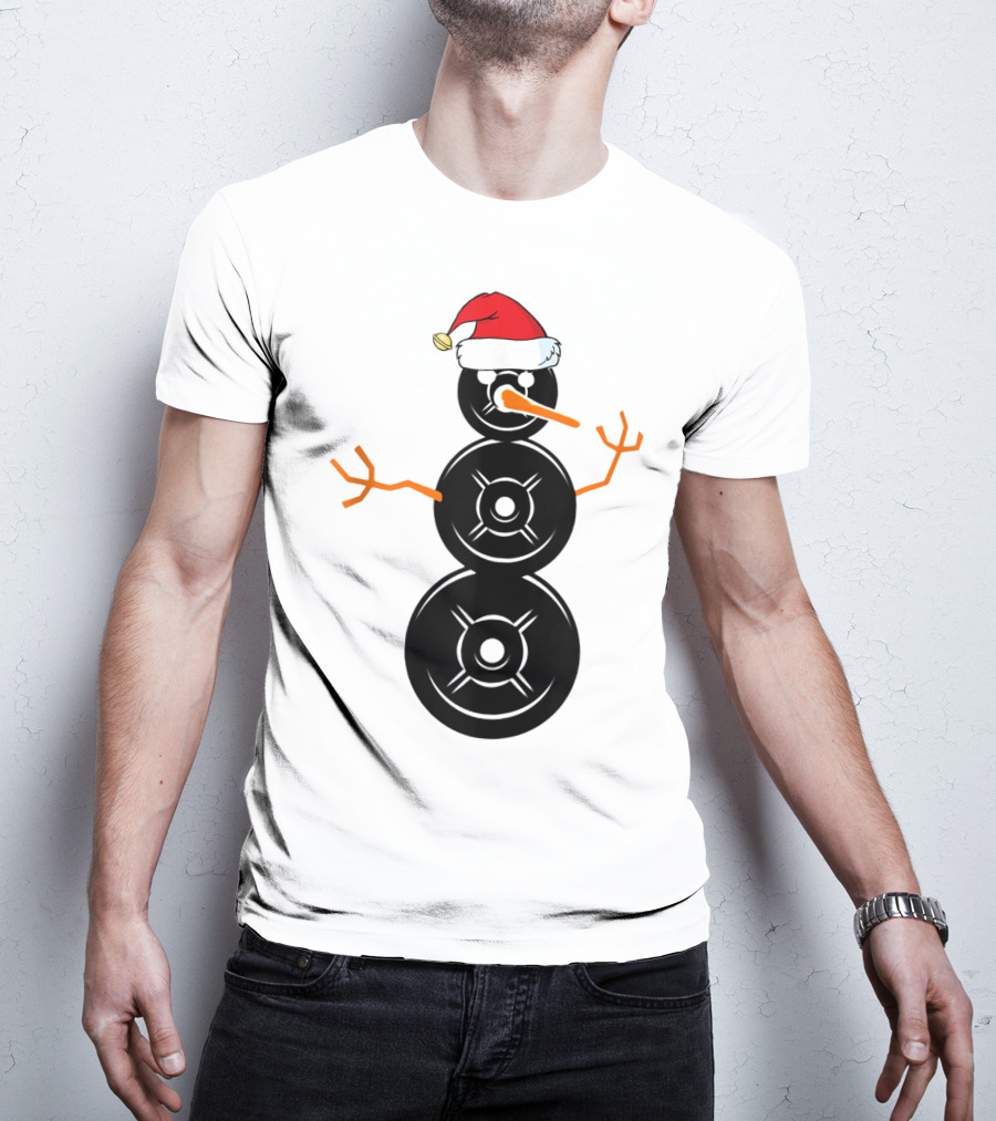 Funny Santa Hat Weightlifting Snowman Barbell T-Shirt