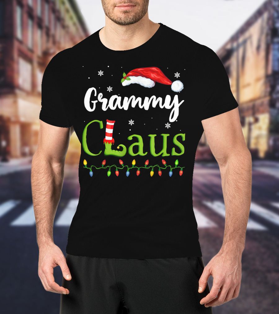 Grammy Claus Santa Grandma With Elf Shoe And Christmas Lights T-Shirt