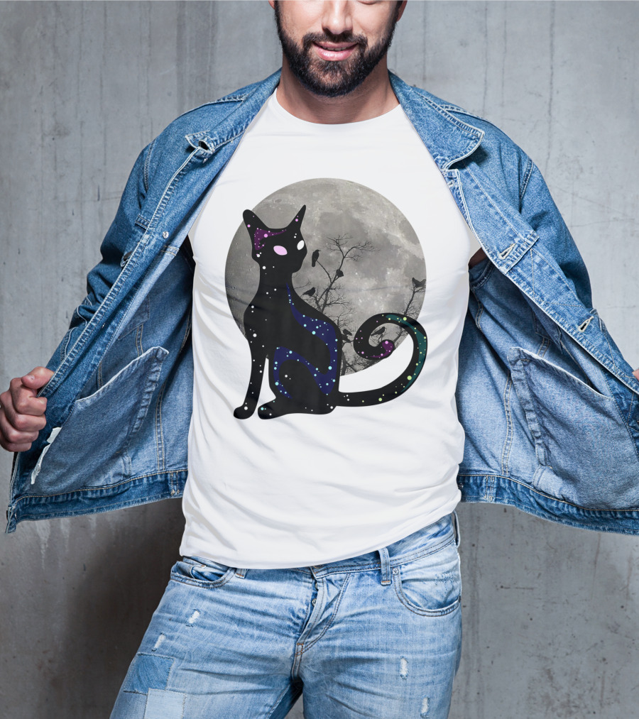 Halloween Scary Black Cat Gothic Full Moon Ravens T-Shirt