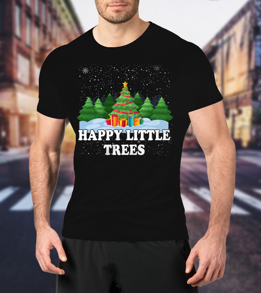 Happy Little Trees Christmas Holiday Snowy Scene T-Shirt