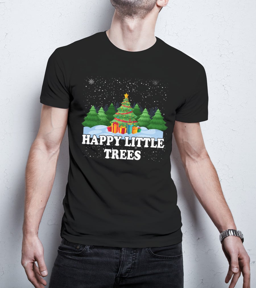 Happy Little Trees Christmas Holiday Snowy Scene T-Shirt