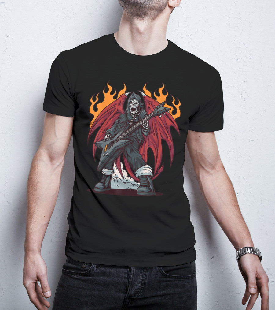 Heavy Metal Guitarist Red Winged Flaming Skull T-Shirt