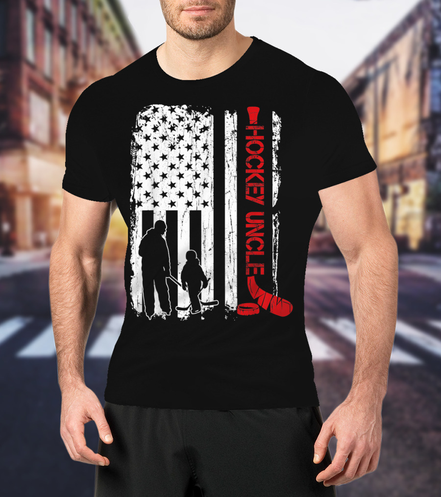 Hockey Uncle American Flag Silhouette With Stick And Player T-Shirt