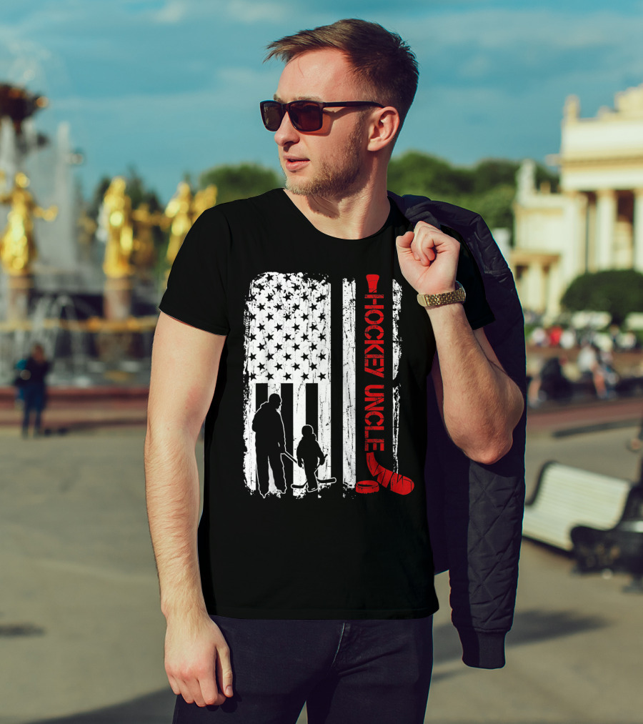 Hockey Uncle American Flag Silhouette With Stick And Player T-Shirt