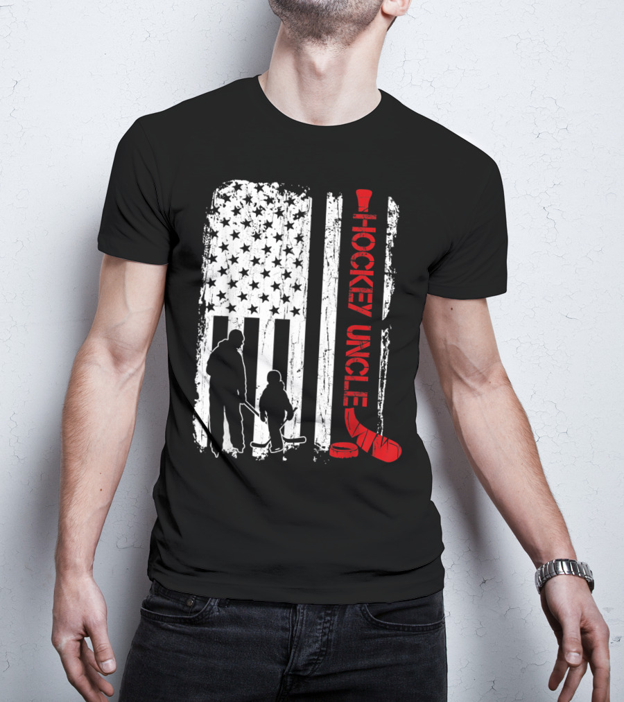 Hockey Uncle American Flag Silhouette With Stick And Player T-Shirt