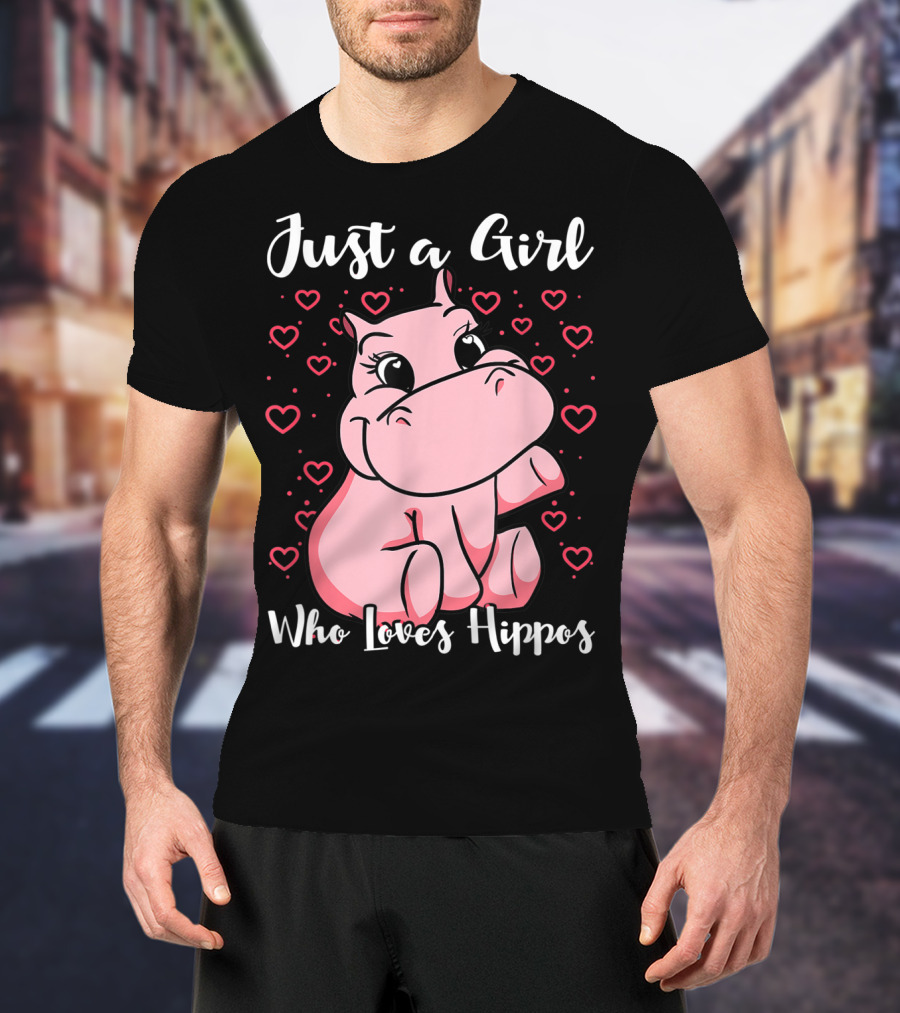 Just A Girl Who Loves Hippos Cute Animal Pink Hearts T-Shirt
