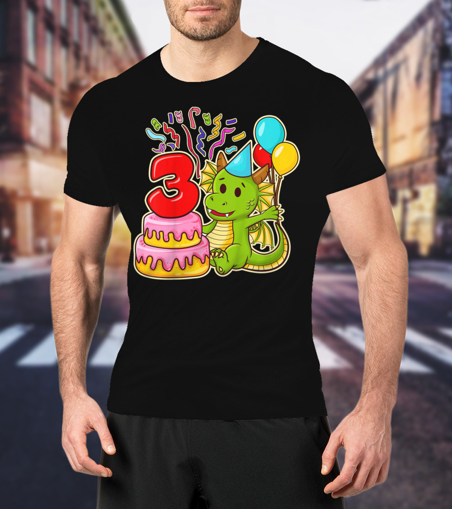 Kids 3rd Birthday Dragon Party Cake Balloons Confetti 3 Year Old T-Shirt