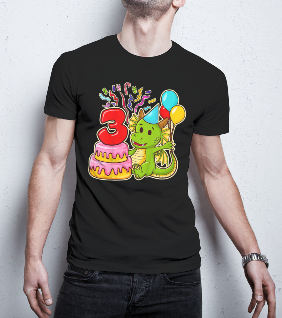 Kids 3rd Birthday Dragon Party Cake Balloons Confetti 3 Year Old T-Shirt