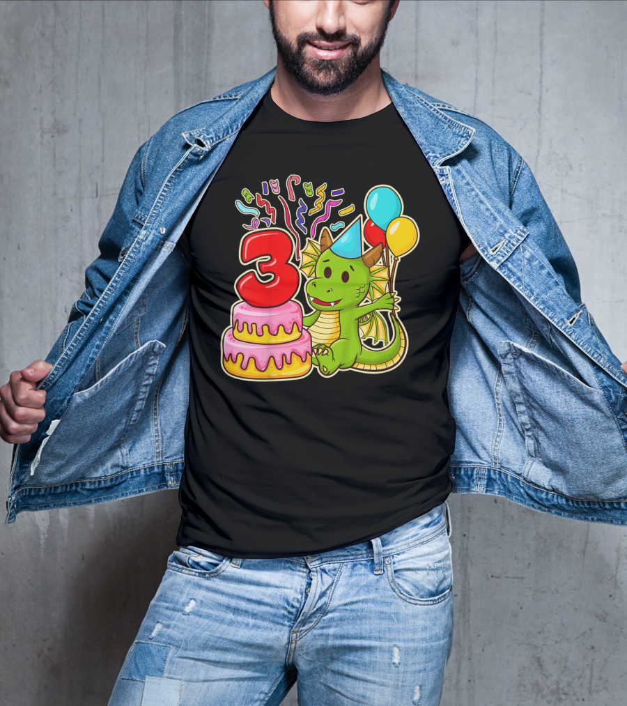 Kids 3rd Birthday Dragon Party Cake Balloons Confetti 3 Year Old T-Shirt