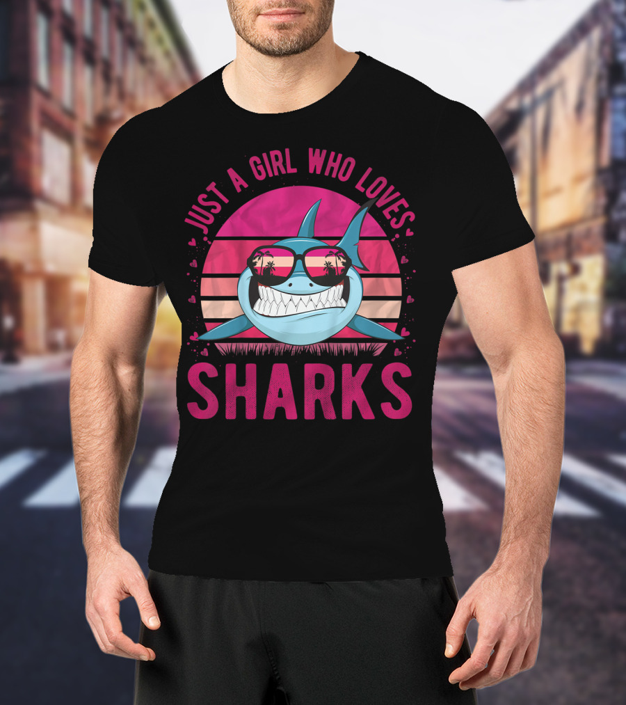 Just A Girl Who Loves Sharks Retro Sunset T-Shirt