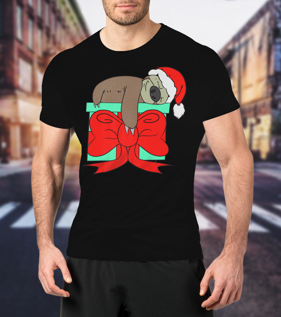 Lazy Christmas Sloth With Santa Hat And Gift Box Cute Funny Love It T-Shirt