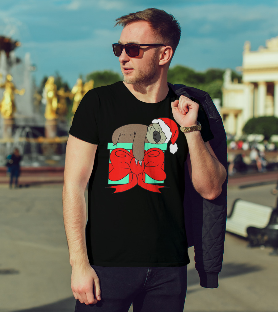 Lazy Christmas Sloth With Santa Hat And Gift Box Cute Funny Love It T-Shirt