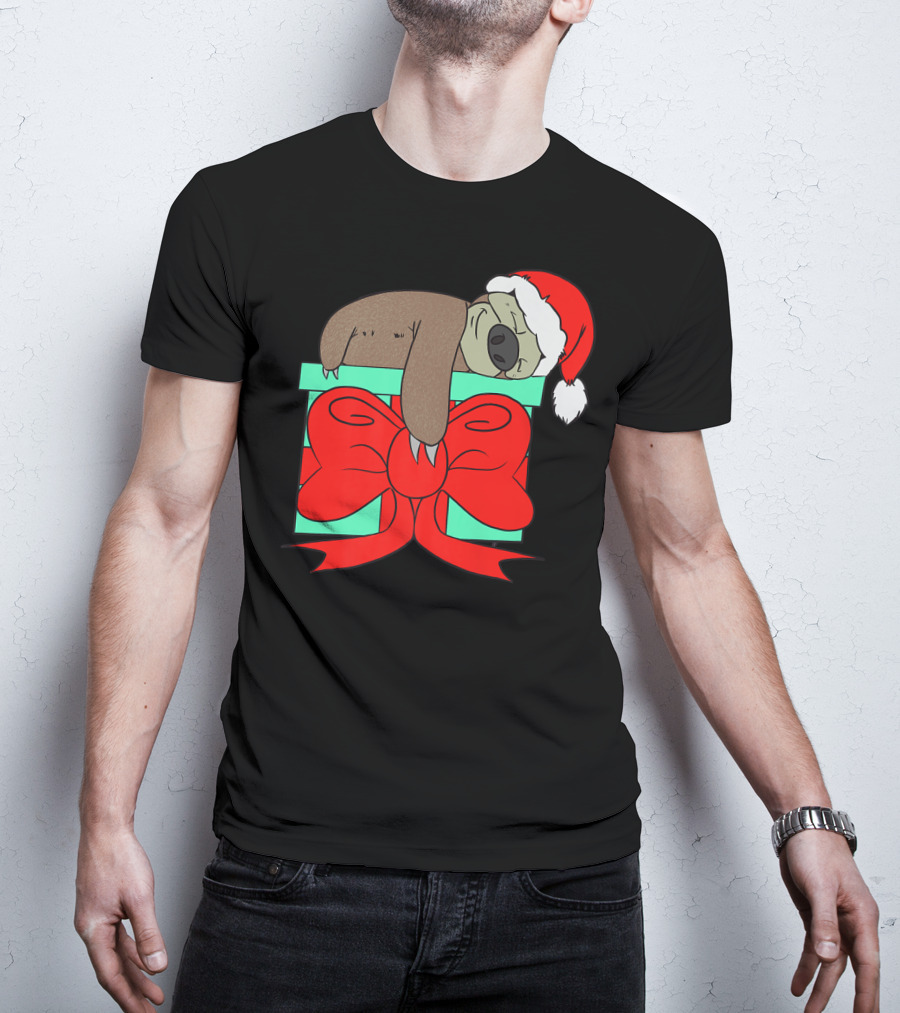 Lazy Christmas Sloth With Santa Hat And Gift Box Cute Funny Love It T-Shirt