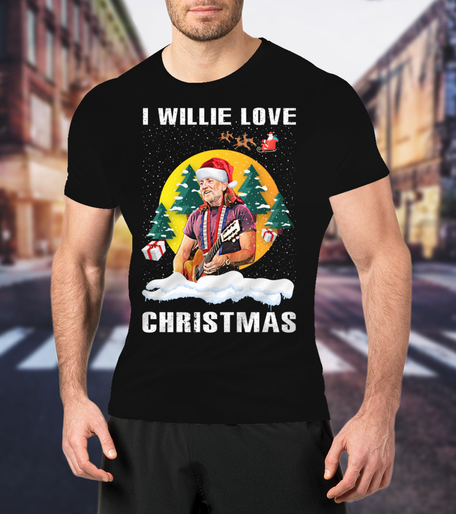 I Willie Love Christmas Santa Hat Guitar Snow Scene T-Shirt
