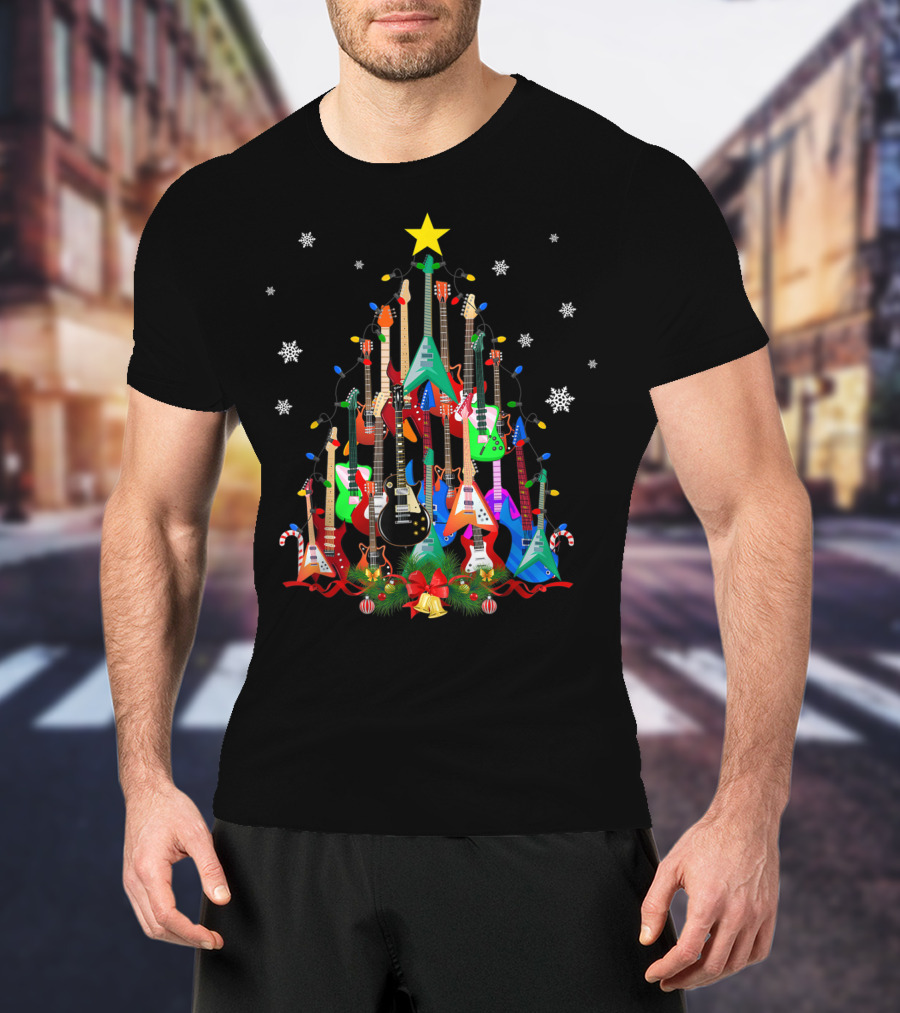 Mens Womens Guitar Christmas Tree Star Candy Canes Snowflakes Holiday Lights T-Shirt