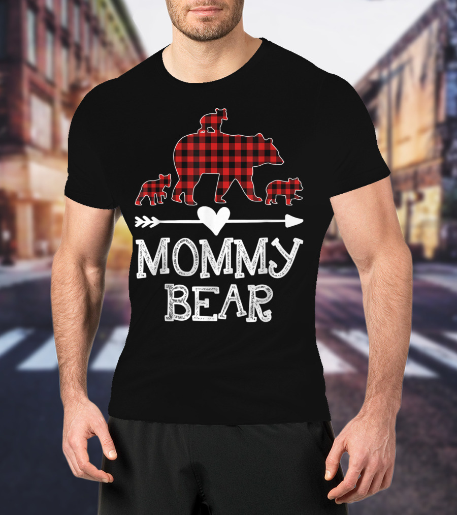 Mommy Bear Red Plaid Three Cubs Heart Arrow T-Shirt