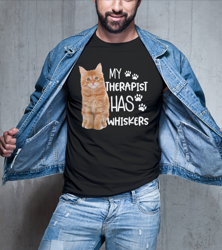 My Therapist Has Whiskers Funny Cat Lovers With Paw Prints And Orange Kitten T-Shirt