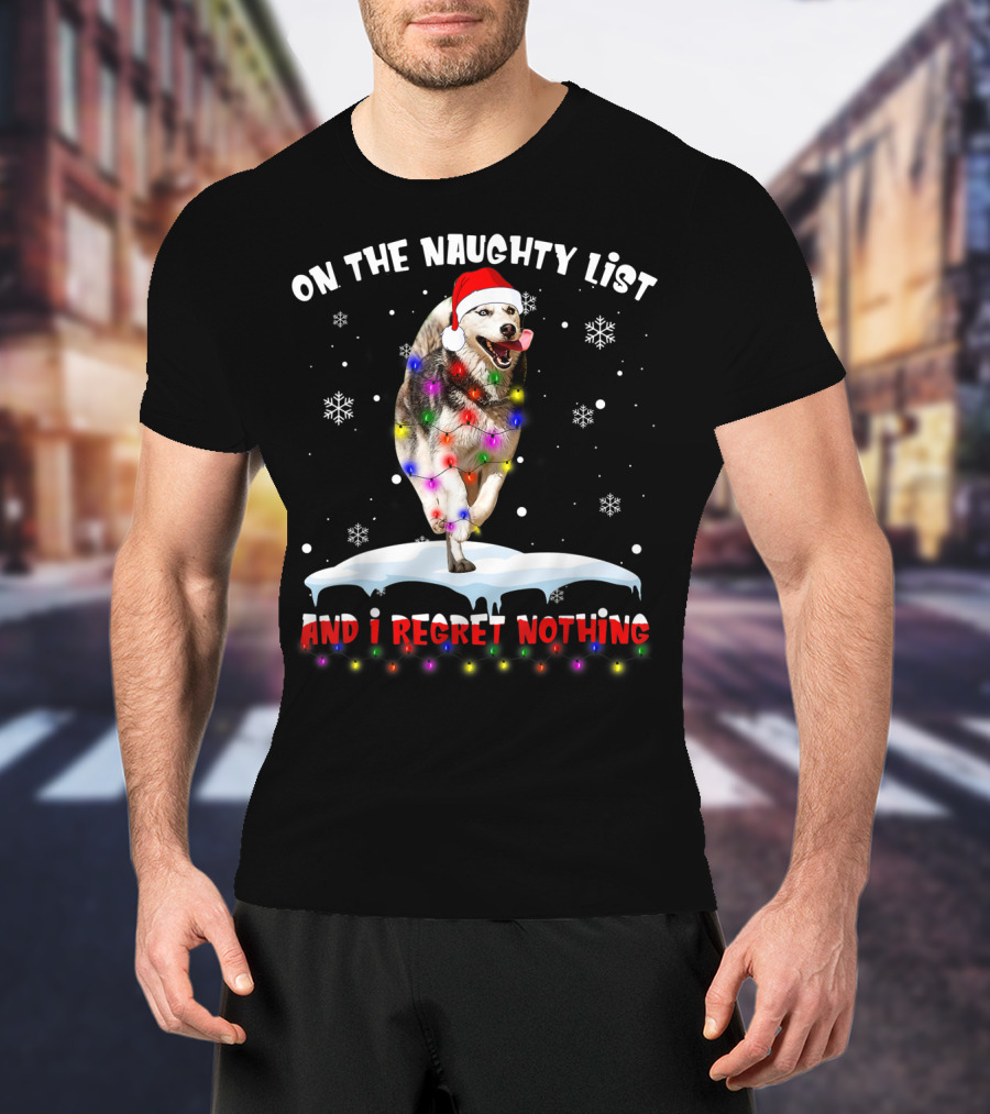 On The Naughty List And I Regret Nothing Husky In Santa Hat With Christmas Lights And Snowflakes T-Shirt