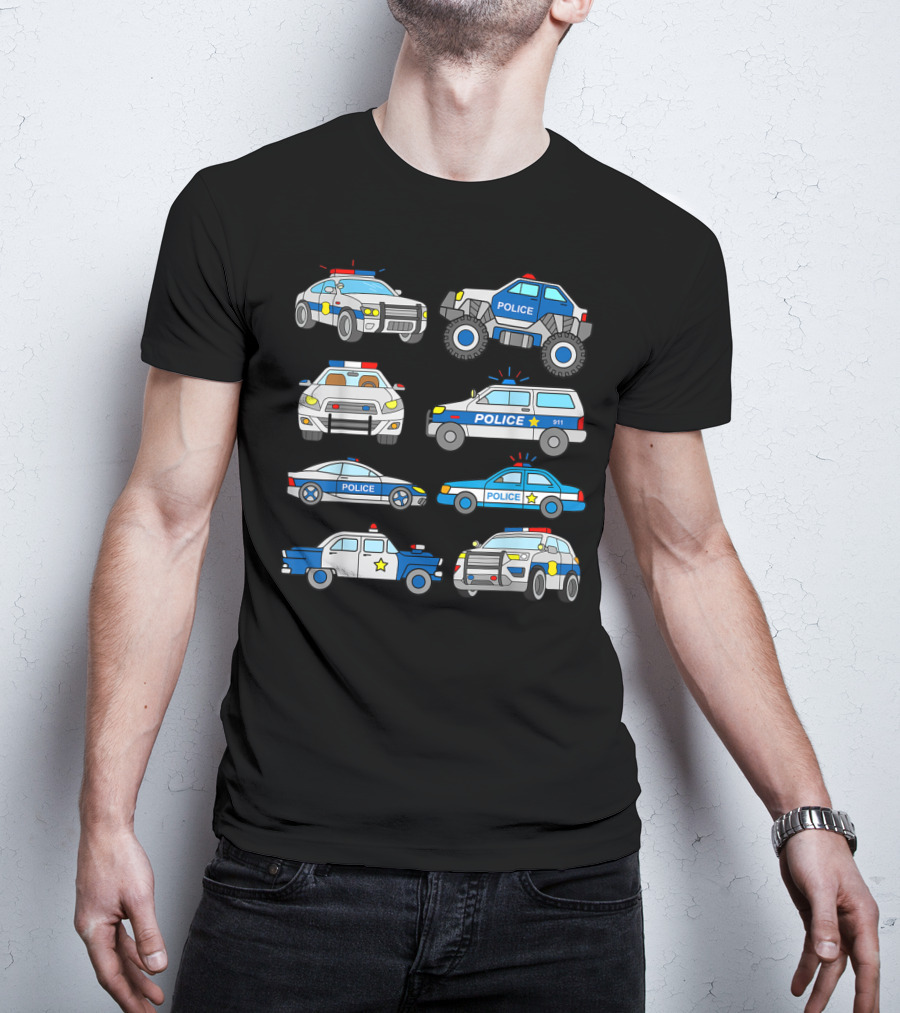Police Vehicles Cop Cars Badge Lights Variety 911 T-Shirt