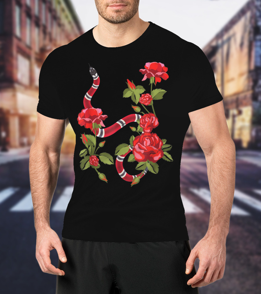 Royal Striped Snake And Flower Red Roses Botanical T-Shirt