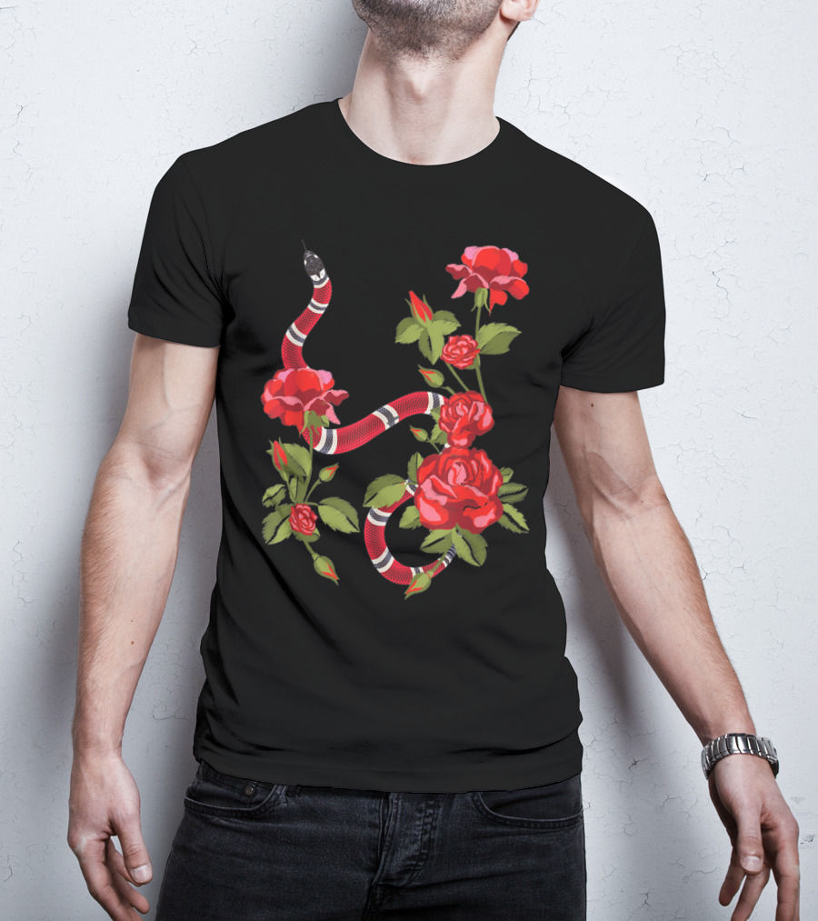 Royal Striped Snake And Flower Red Roses Botanical T-Shirt