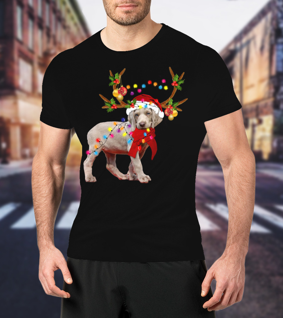 Santa Weimaraner Reindeer Christmas Lights T-Shirt