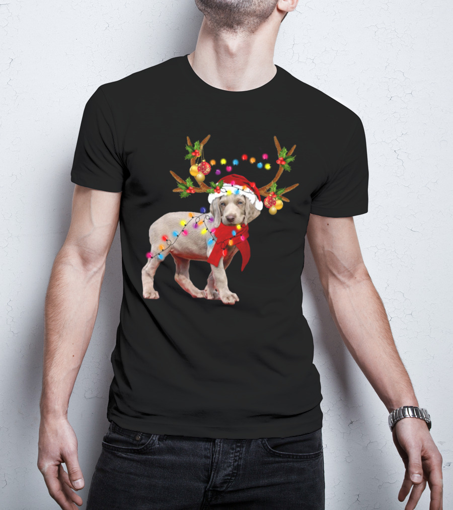 Santa Weimaraner Reindeer Christmas Lights T-Shirt