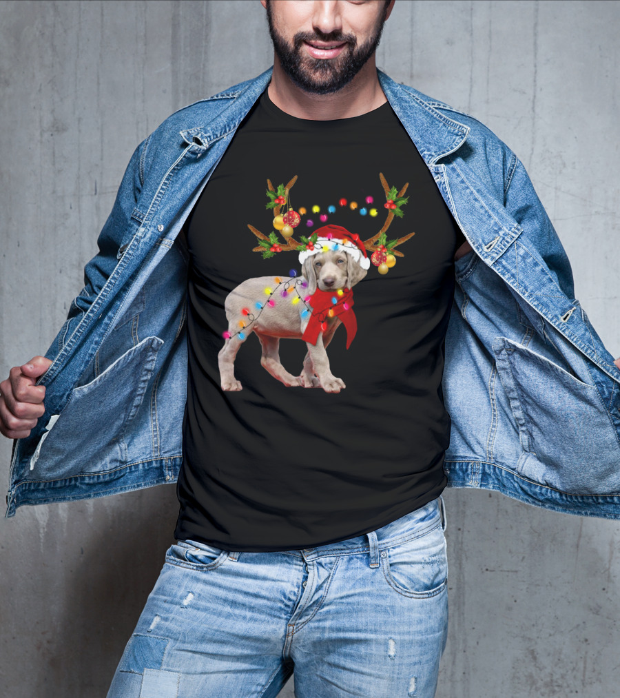 Santa Weimaraner Reindeer Christmas Lights T-Shirt