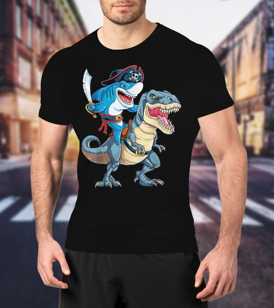Shark Pirate Riding Dinosaur Rex Jawsome Adventure T-Shirt