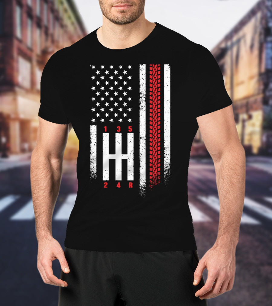 Shift Mechanic Gears American Flag Racing Tire Tracks T-Shirt