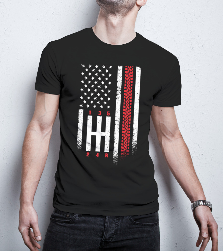 Shift Mechanic Gears American Flag Racing Tire Tracks T-Shirt