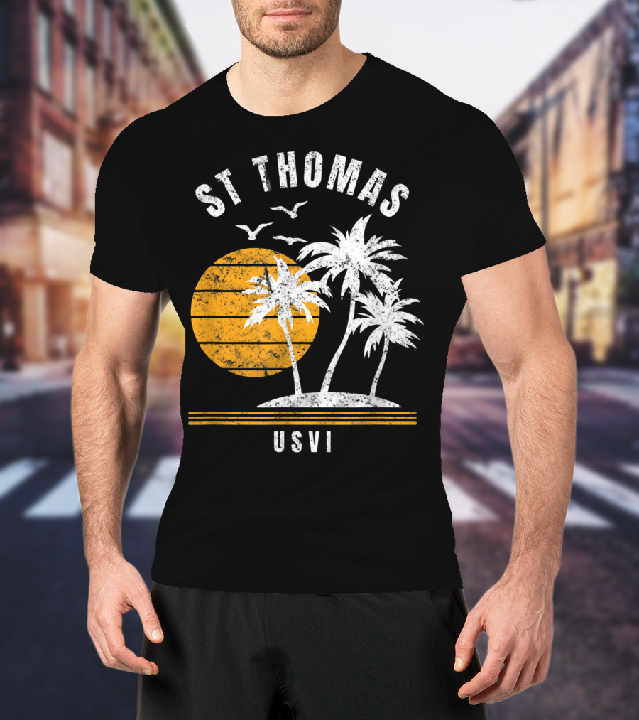 St Thomas USVI Caribbean Sunset With Palm Trees And Birds T-Shirt