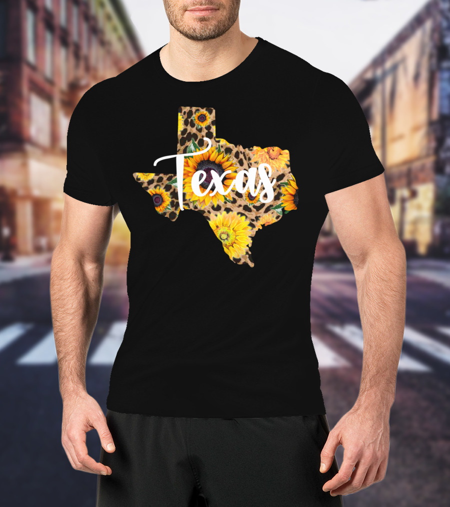 Texas Sunflower Leopard Print Wildflower State Map T-Shirt