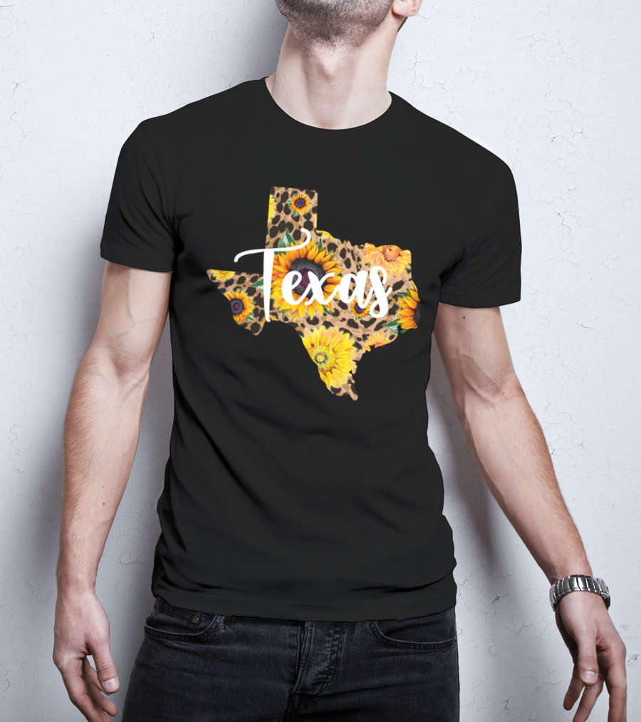 Texas Sunflower Leopard Print Wildflower State Map T-Shirt