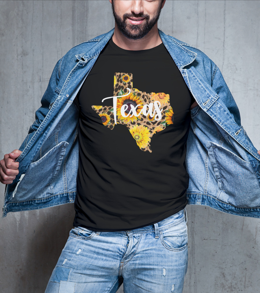 Texas Sunflower Leopard Print Wildflower State Map T-Shirt