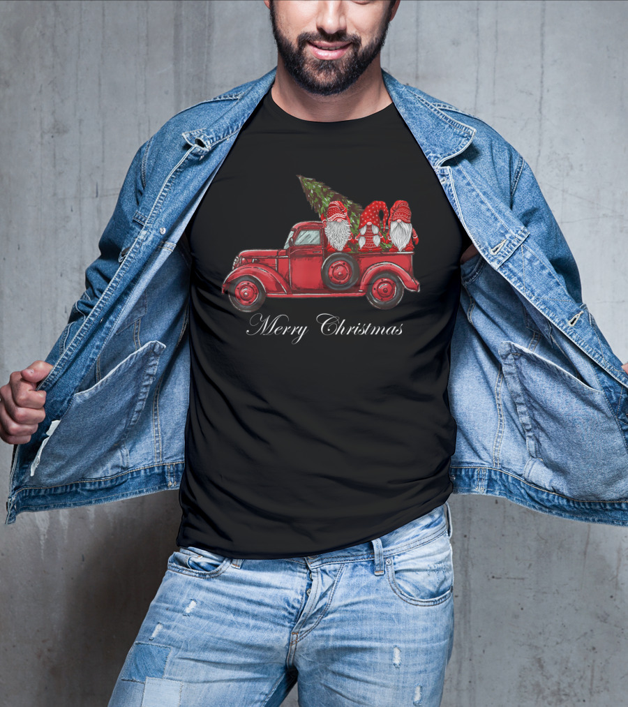 Three Gnomes In Red Truck With Merry Christmas Wishes T-Shirt