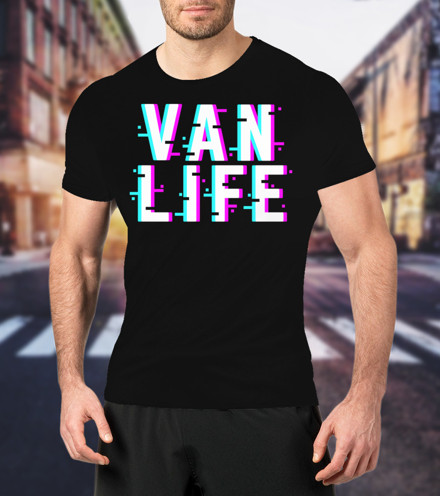 Van Life Camper Van Glitch Typography T-Shirt