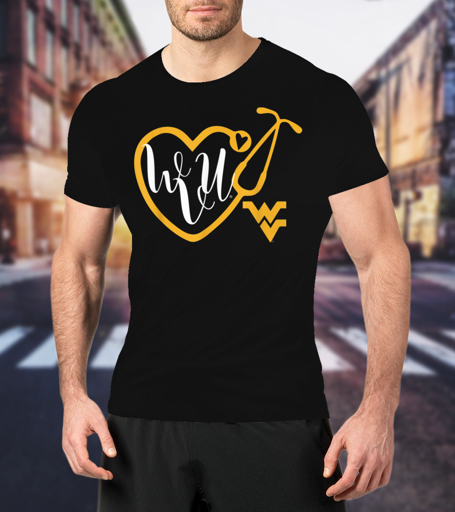 WVU West Virginia Mountaineers Nurse Heart Stethoscope T-Shirt