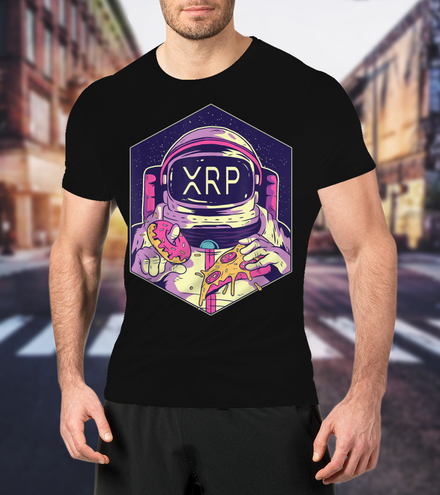 XRP Symbol Astronaut Eating Pizza And Donut Crypto Currency To The Moon T-Shirt