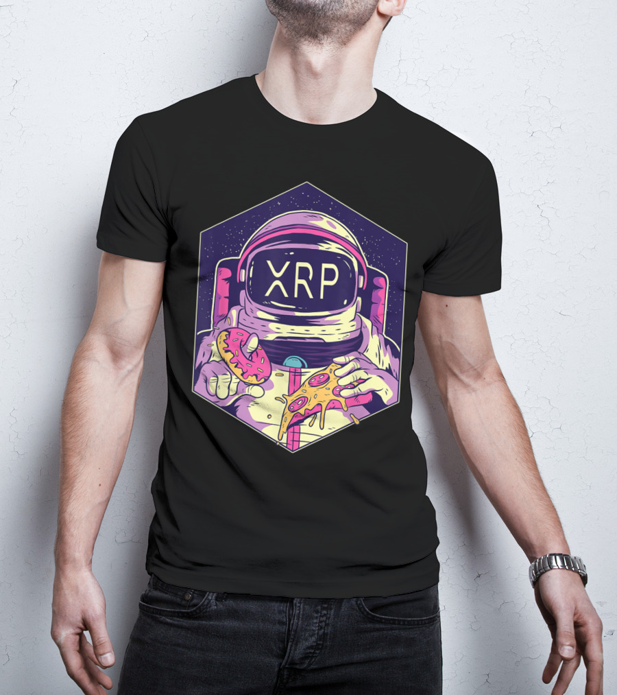 XRP Symbol Astronaut Eating Pizza And Donut Crypto Currency To The Moon T-Shirt
