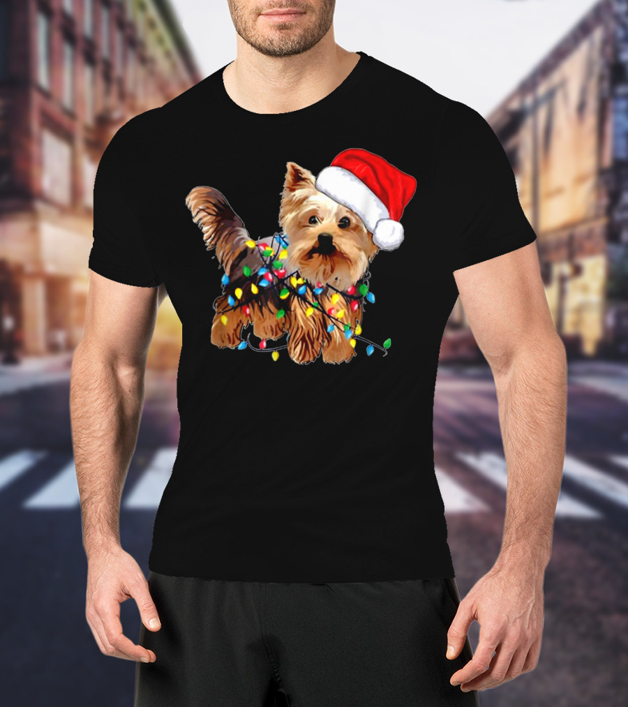 Yorkie Christmas Lights Santa Hat T-Shirt