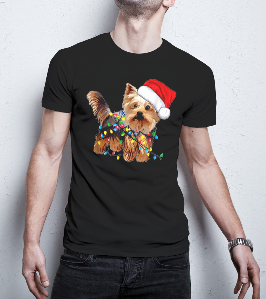 Yorkie Christmas Lights Santa Hat T-Shirt