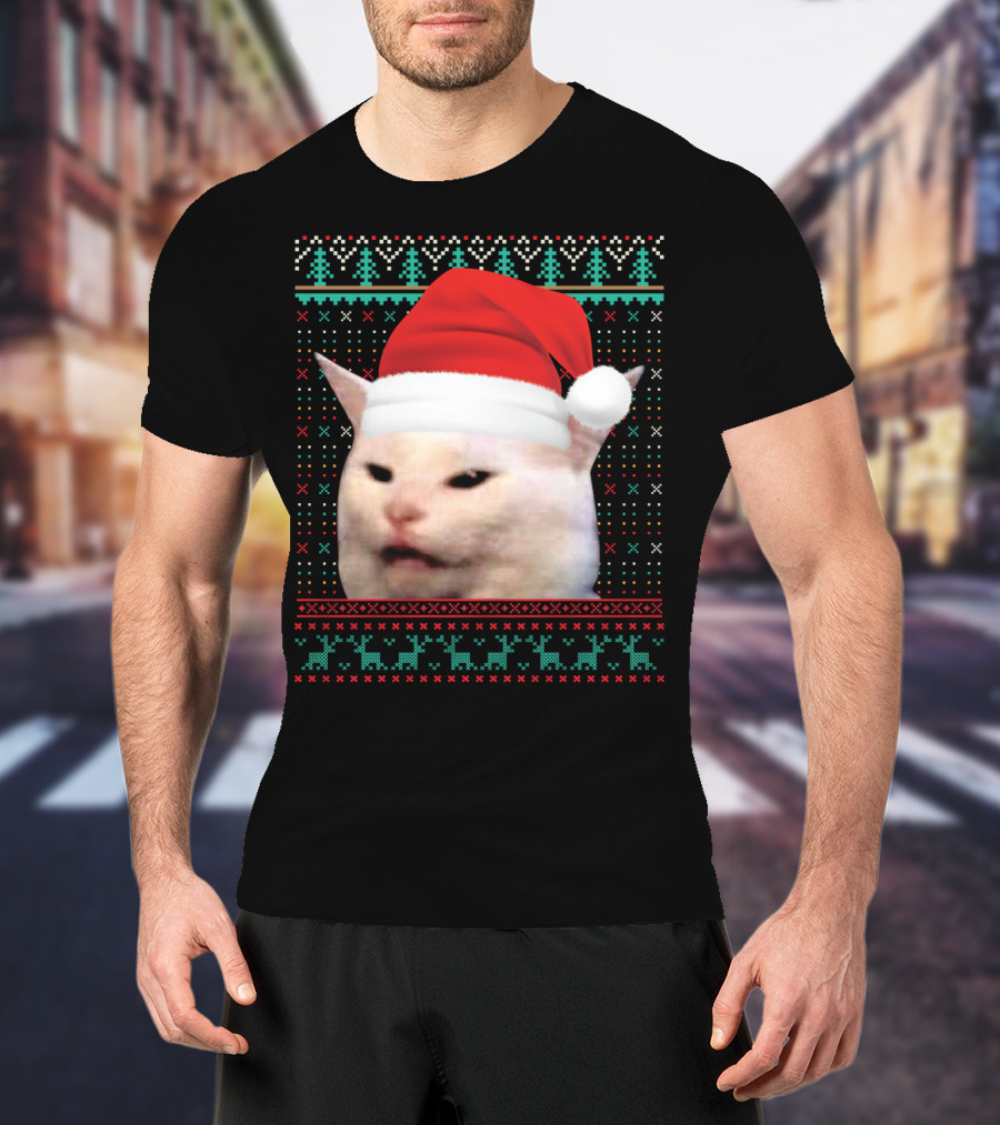 Cat Ugly Santa Hat Christmas Sweater Meme T-Shirt