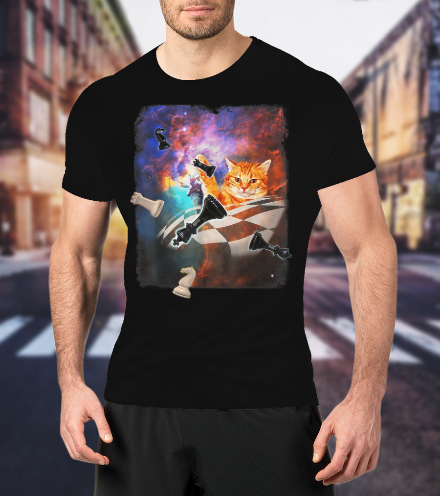 Chess Cat Floating Between Stars And Nebula With Chess Pieces T-Shirt