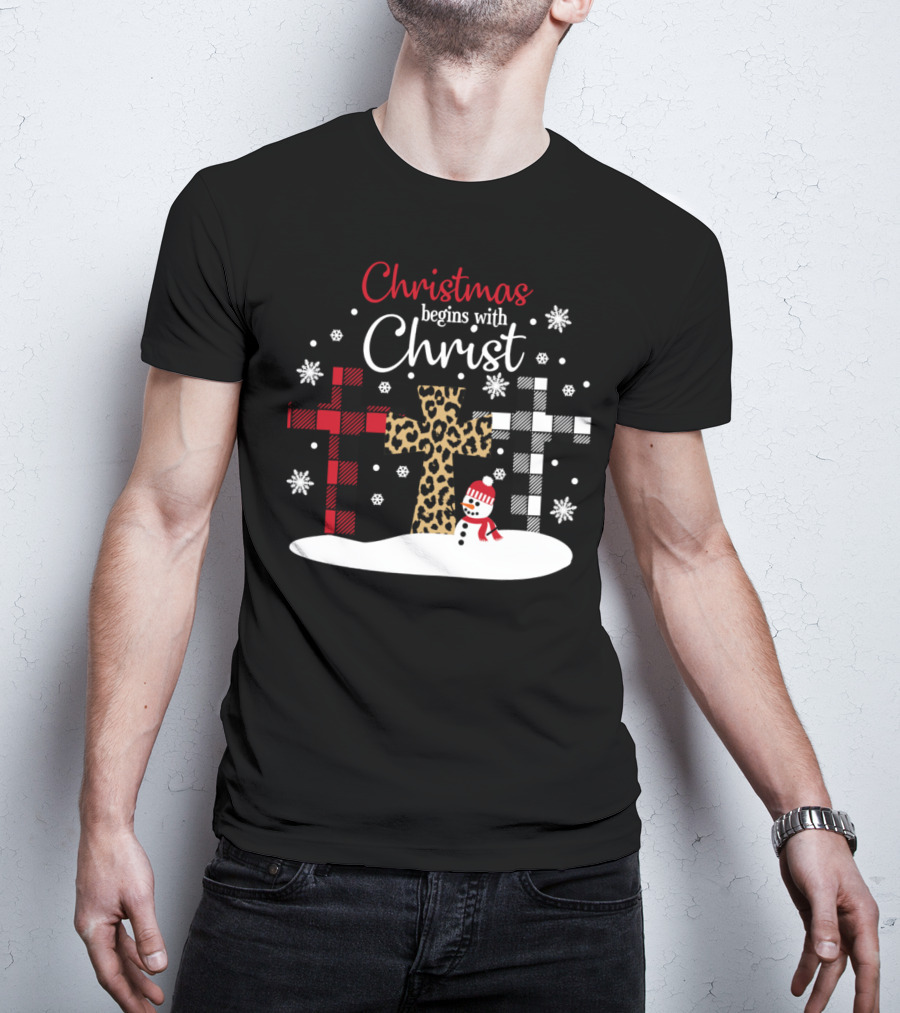 Christmas Begins With Christ Snowman And Patterned Crosses T-Shirt