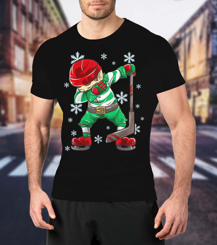 Christmas Elf Dabbing Ice Hockey Snowflake Squad T-Shirt