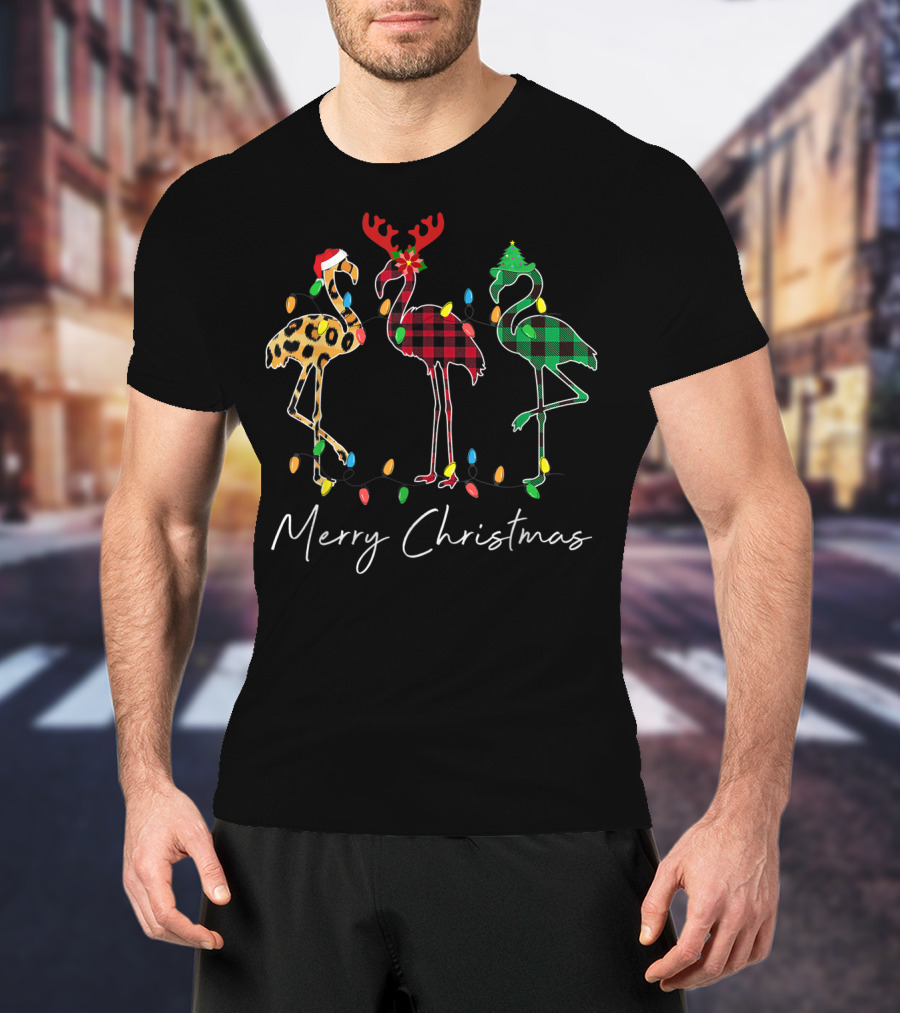 Merry Christmas Flamingo Santa Hat Reindeer Horns Xmas Light T-Shirt