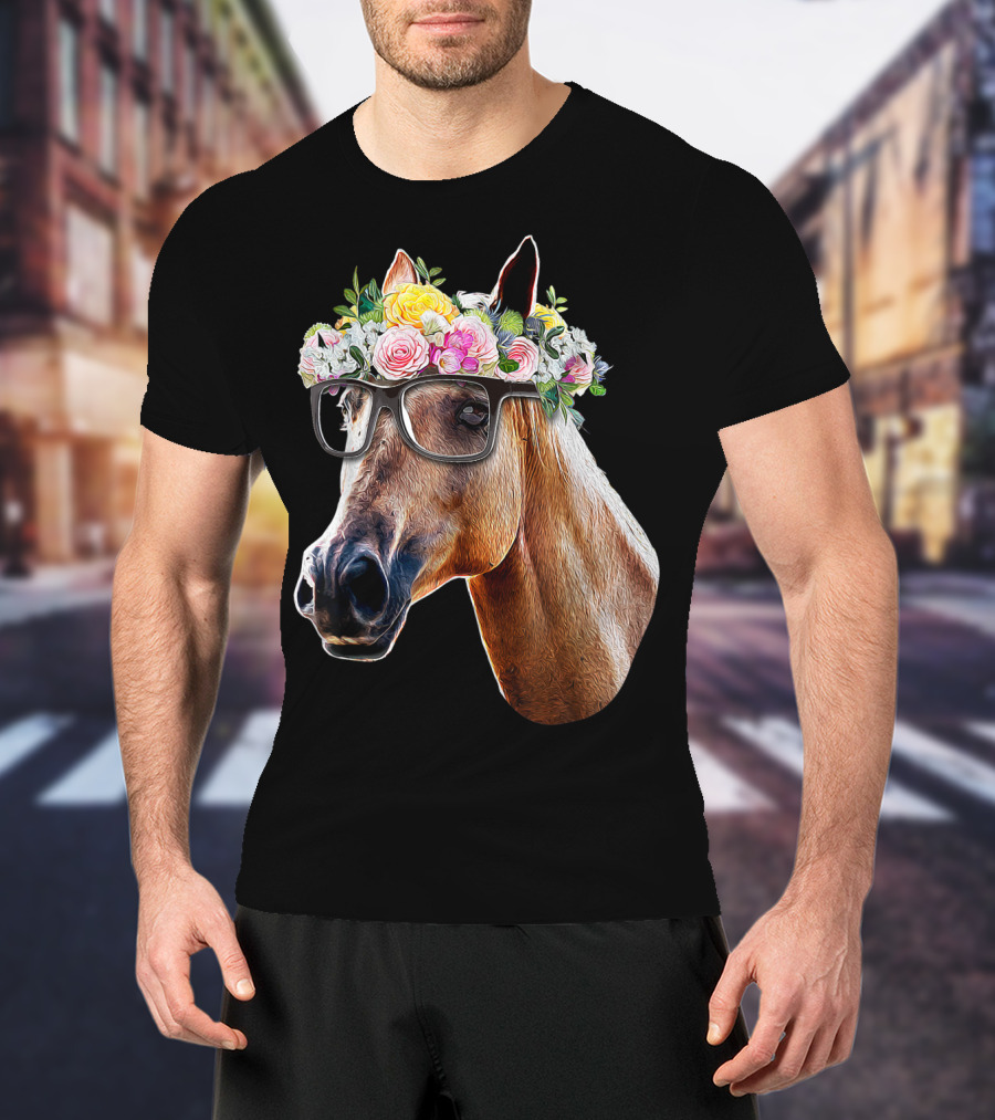 Floral Horse With Glasses Equestrian Farm Riding T-Shirt